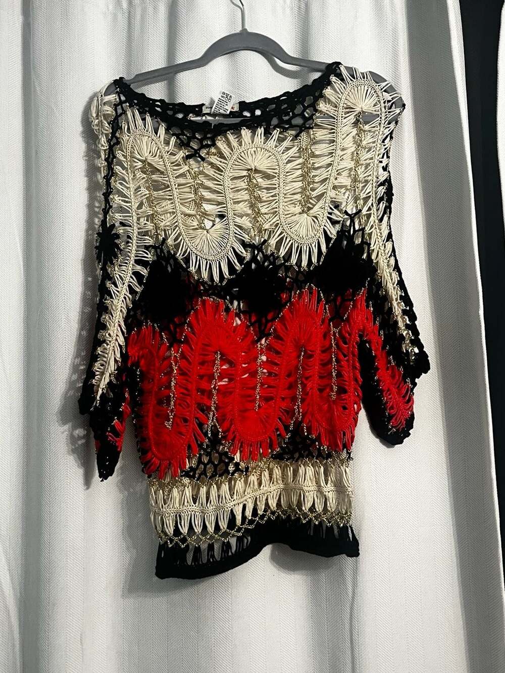 Vivid Collection of NY Style 095 Crochet Top Small Red Black Cream Gold Metallic